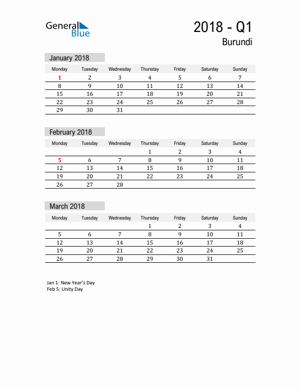 Burundi Quarter 1 2018 Calendar with Holidays