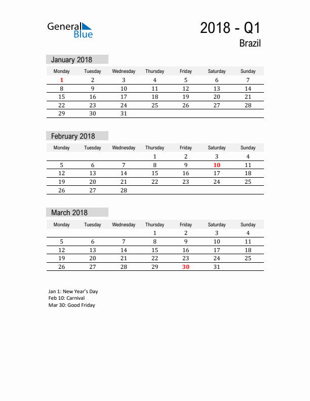 Brazil Quarter 1 2018 Calendar with Holidays