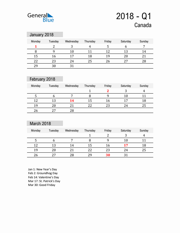 Canada Quarter 1 2018 Calendar with Holidays