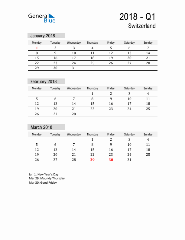 Switzerland Quarter 1 2018 Calendar with Holidays