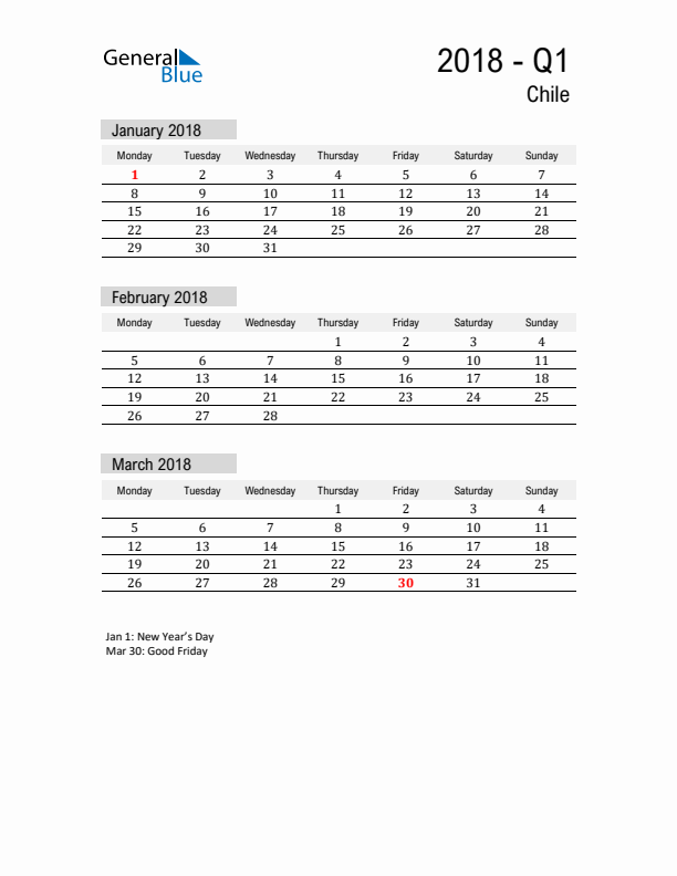 Chile Quarter 1 2018 Calendar with Holidays