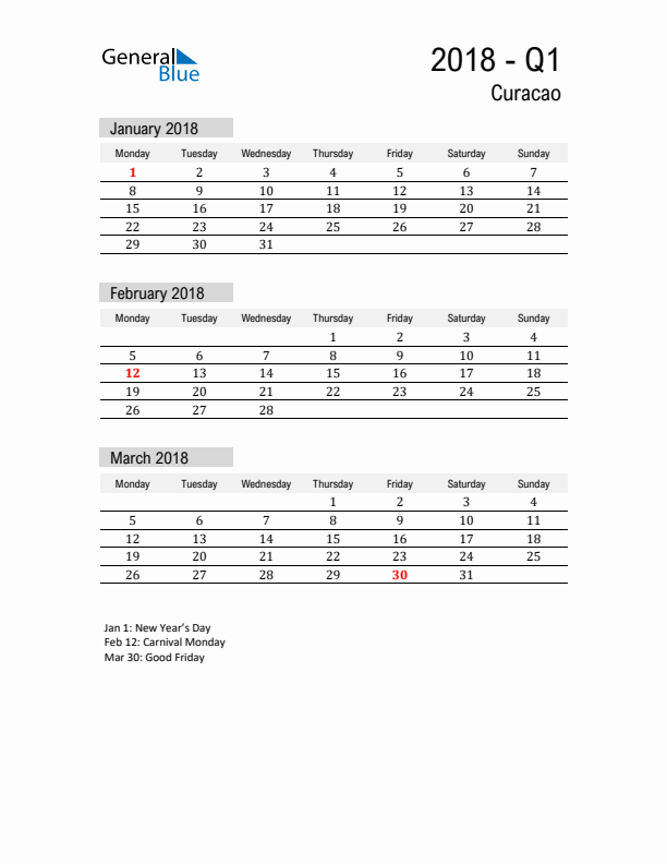 Curacao Quarter 1 2018 Calendar with Holidays