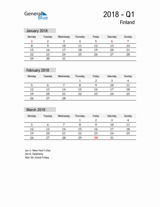 Finland Quarter 1 2018 Calendar with Holidays