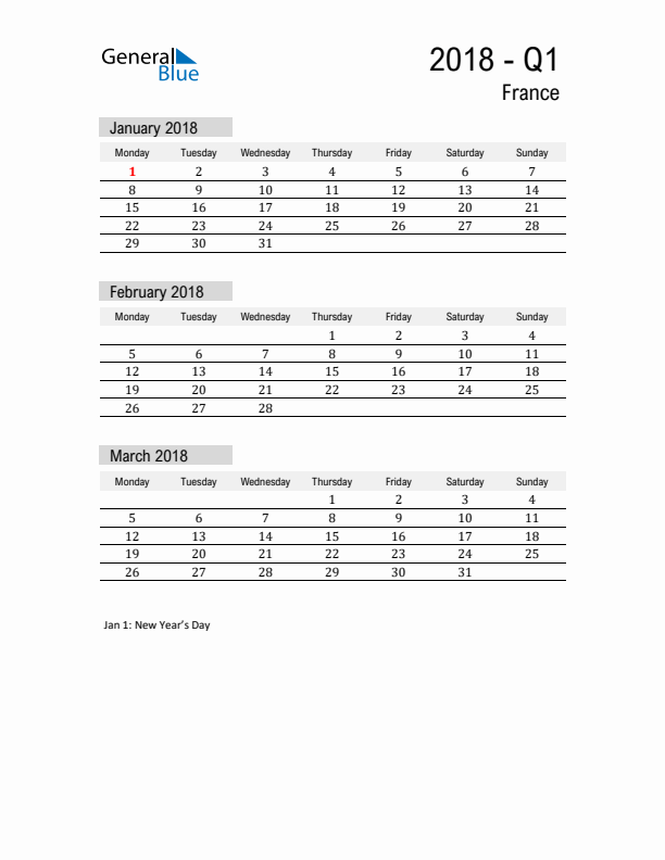 France Quarter 1 2018 Calendar with Holidays