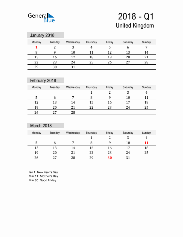 United Kingdom Quarter 1 2018 Calendar with Holidays