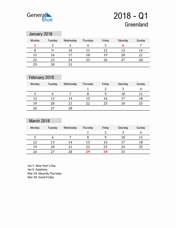 Greenland Quarter 1 2018 Calendar with Holidays