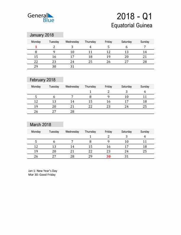 Equatorial Guinea Quarter 1 2018 Calendar with Holidays