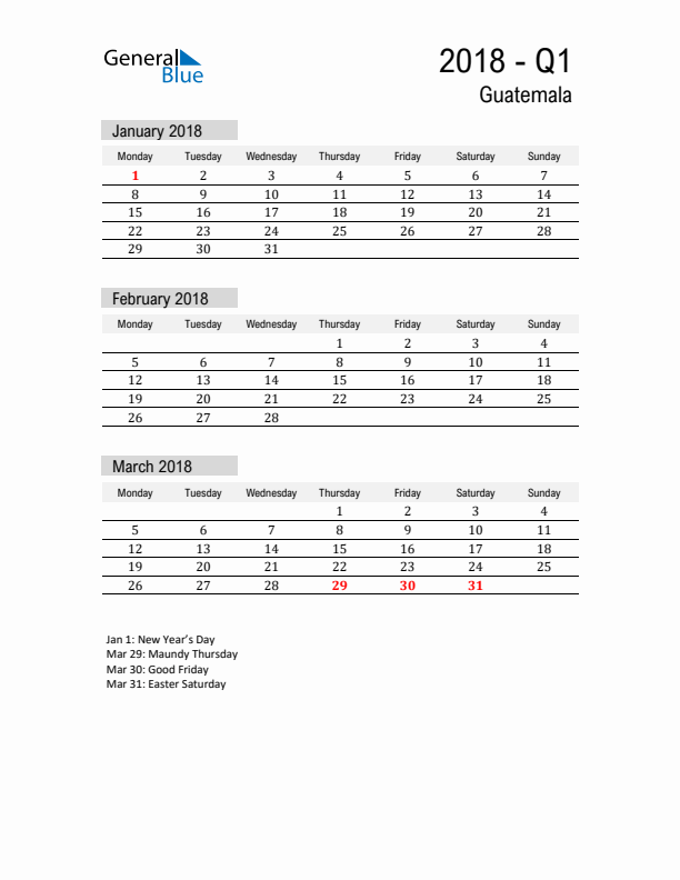 Guatemala Quarter 1 2018 Calendar with Holidays