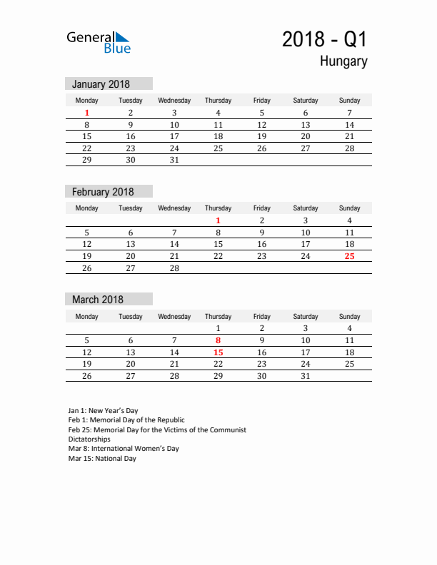 Hungary Quarter 1 2018 Calendar with Holidays