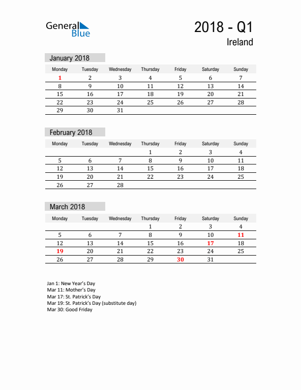 Ireland Quarter 1 2018 Calendar with Holidays