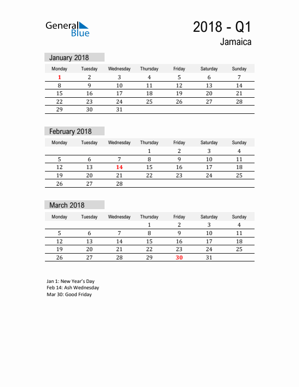 Jamaica Quarter 1 2018 Calendar with Holidays