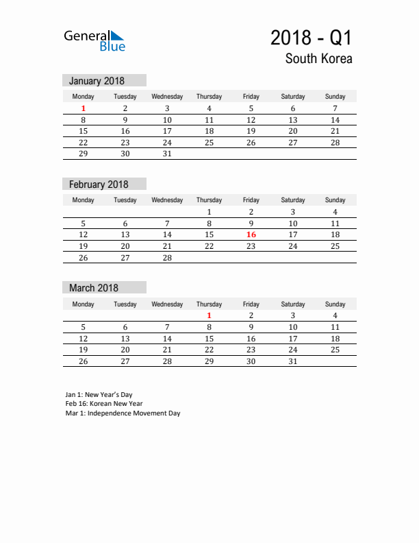 South Korea Quarter 1 2018 Calendar with Holidays