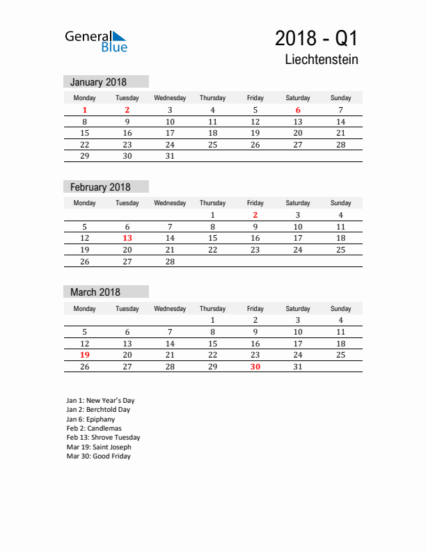 Liechtenstein Quarter 1 2018 Calendar with Holidays