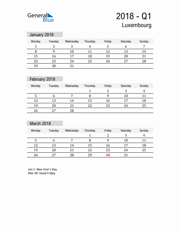 Luxembourg Quarter 1 2018 Calendar with Holidays