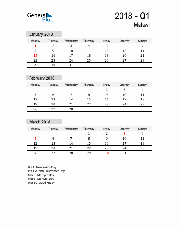 Malawi Quarter 1 2018 Calendar with Holidays