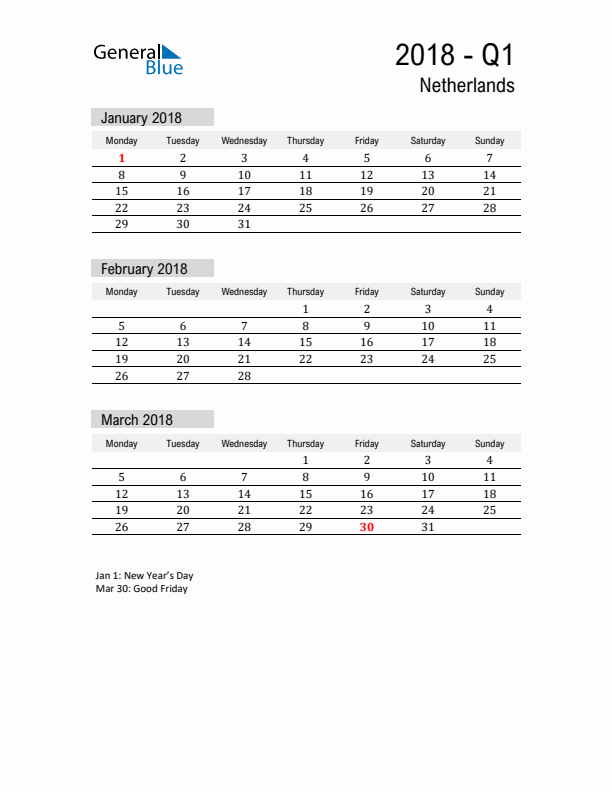 The Netherlands Quarter 1 2018 Calendar with Holidays