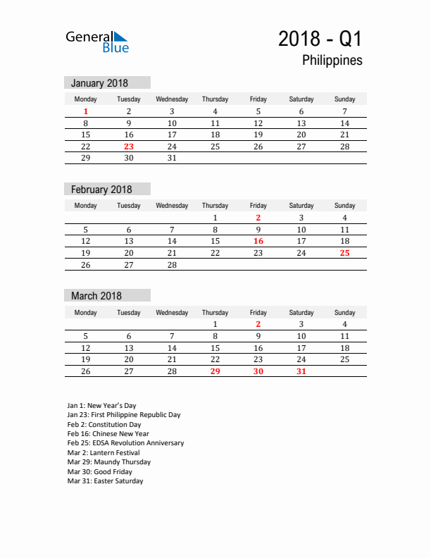 Philippines Quarter 1 2018 Calendar with Holidays