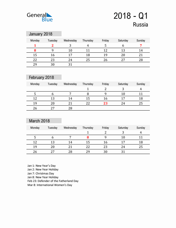 Russia Quarter 1 2018 Calendar with Holidays