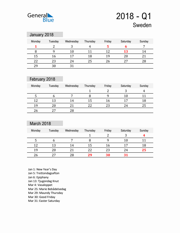 Sweden Quarter 1 2018 Calendar with Holidays