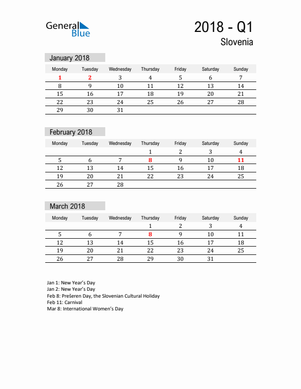 Slovenia Quarter 1 2018 Calendar with Holidays