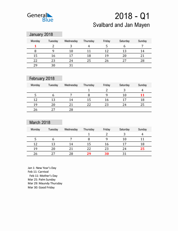 Svalbard and Jan Mayen Quarter 1 2018 Calendar with Holidays