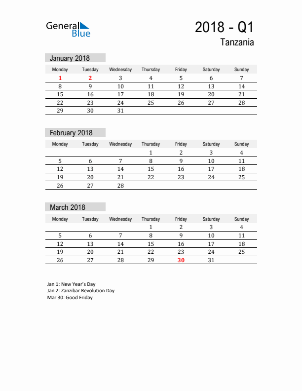 Tanzania Quarter 1 2018 Calendar with Holidays