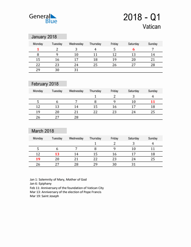 Vatican Quarter 1 2018 Calendar with Holidays