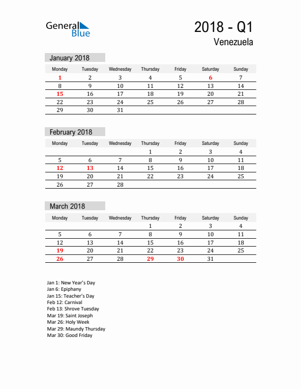 Venezuela Quarter 1 2018 Calendar with Holidays