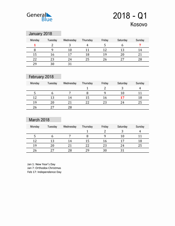 Kosovo Quarter 1 2018 Calendar with Holidays