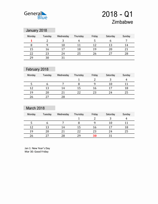 Zimbabwe Quarter 1 2018 Calendar with Holidays