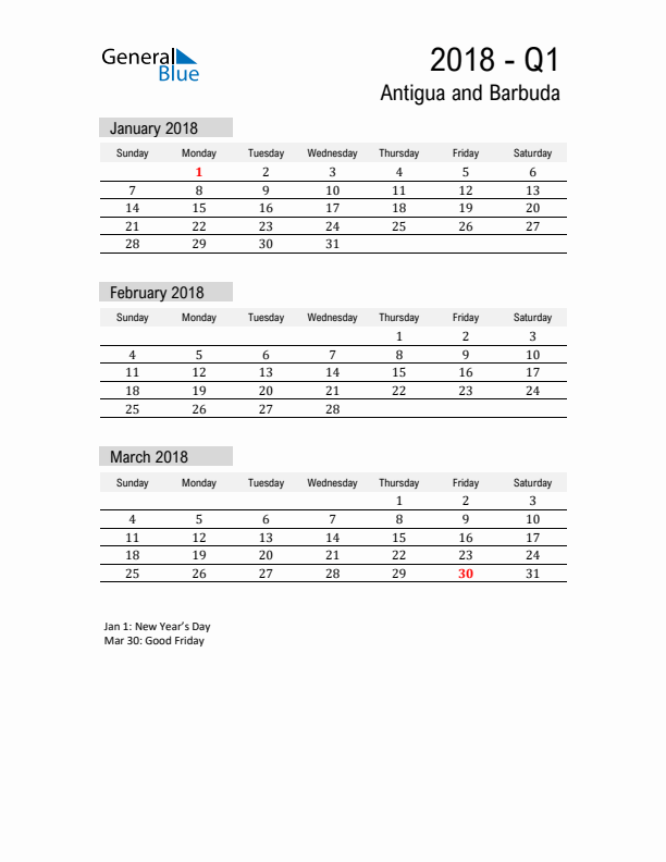 Antigua and Barbuda Quarter 1 2018 Calendar with Holidays