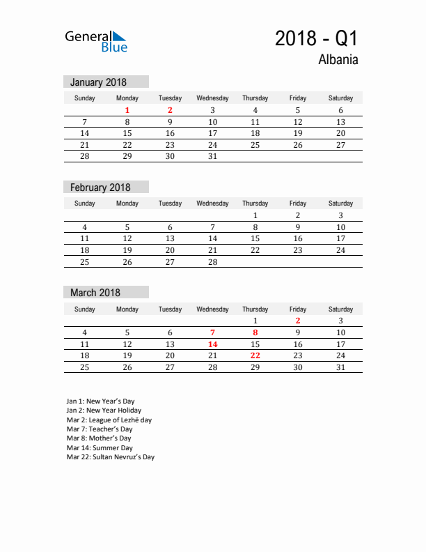 Albania Quarter 1 2018 Calendar with Holidays