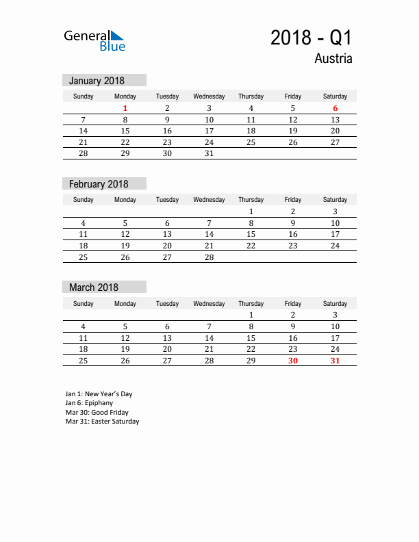 Austria Quarter 1 2018 Calendar with Holidays