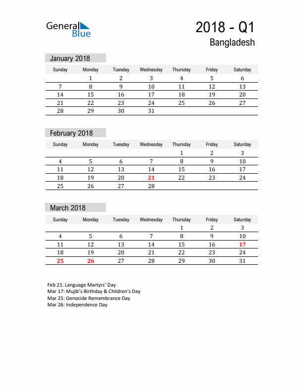 Bangladesh Quarter 1 2018 Calendar with Holidays