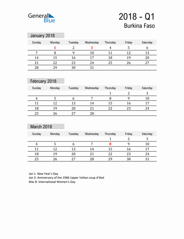 Burkina Faso Quarter 1 2018 Calendar with Holidays