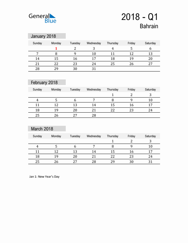 Bahrain Quarter 1 2018 Calendar with Holidays