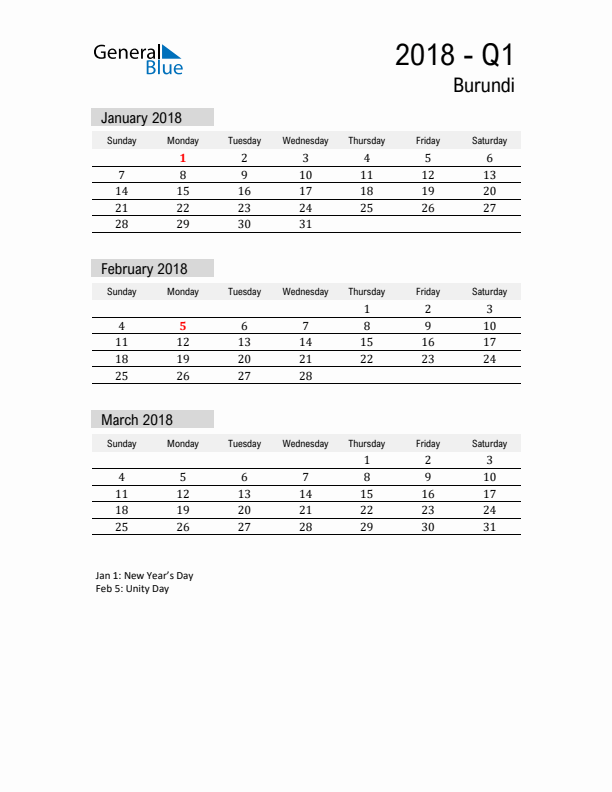 Burundi Quarter 1 2018 Calendar with Holidays