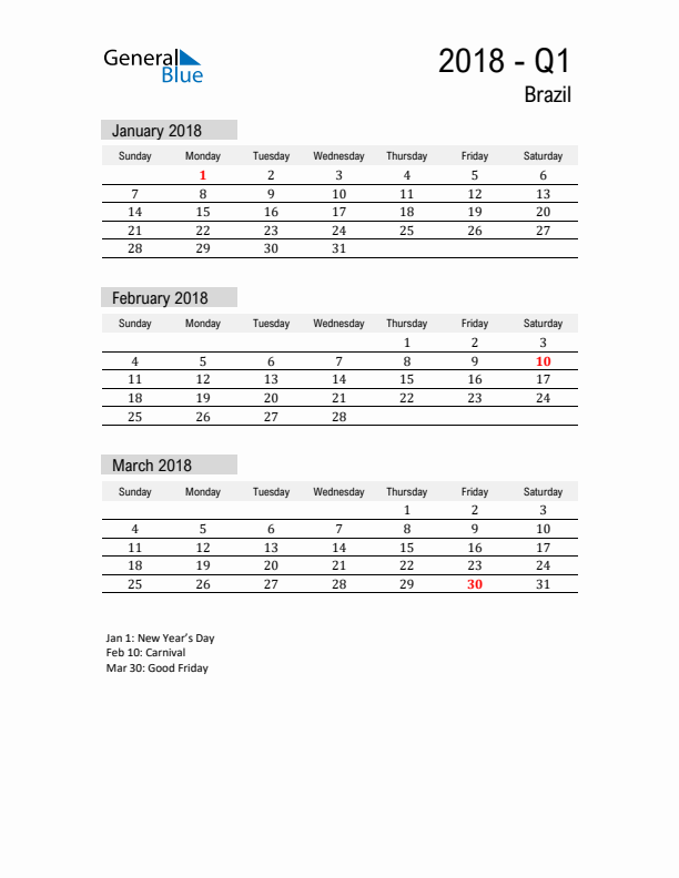 Brazil Quarter 1 2018 Calendar with Holidays