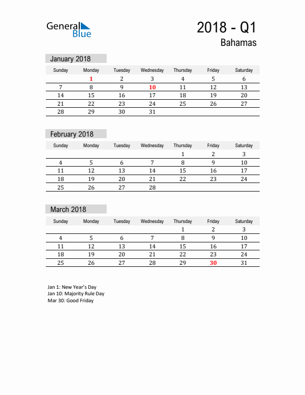 Bahamas Quarter 1 2018 Calendar with Holidays