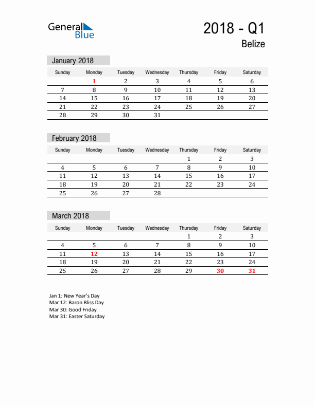 Belize Quarter 1 2018 Calendar with Holidays