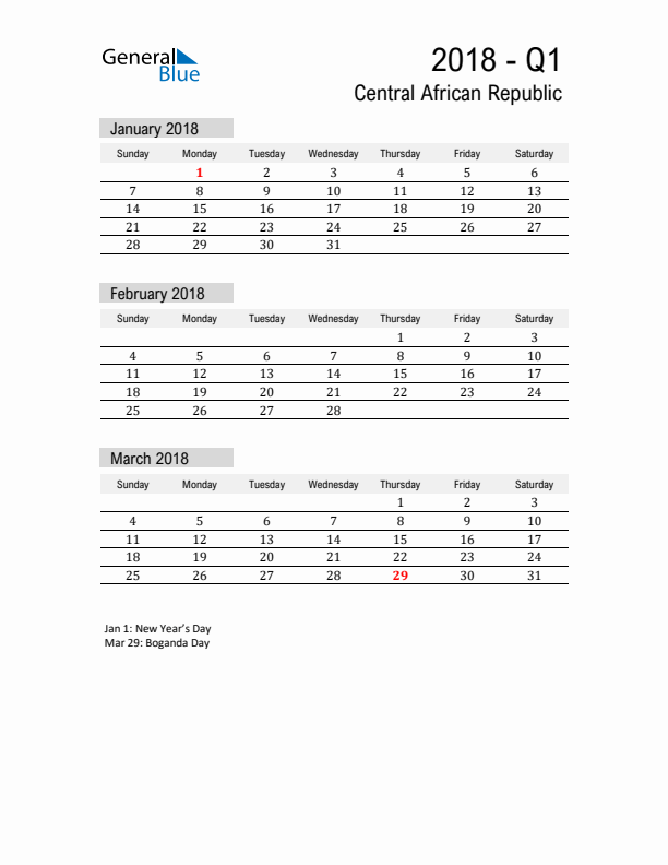 Central African Republic Quarter 1 2018 Calendar with Holidays