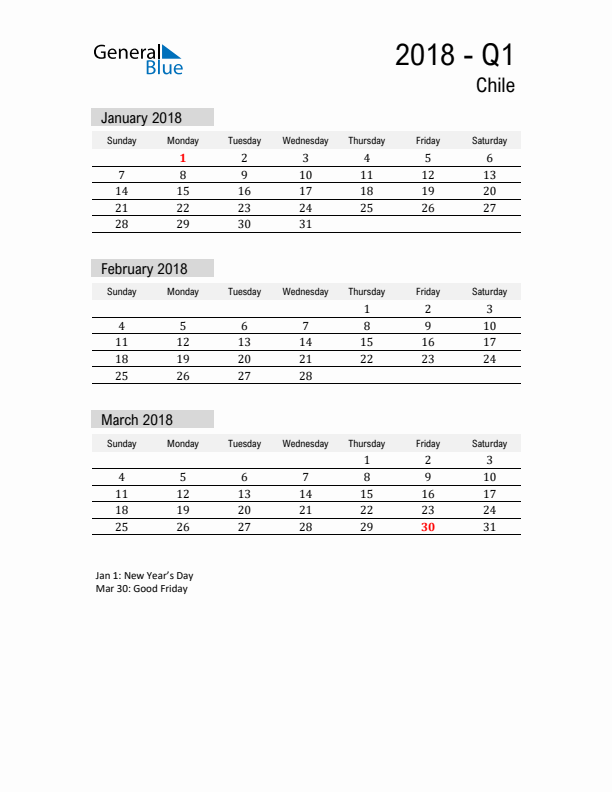 Chile Quarter 1 2018 Calendar with Holidays