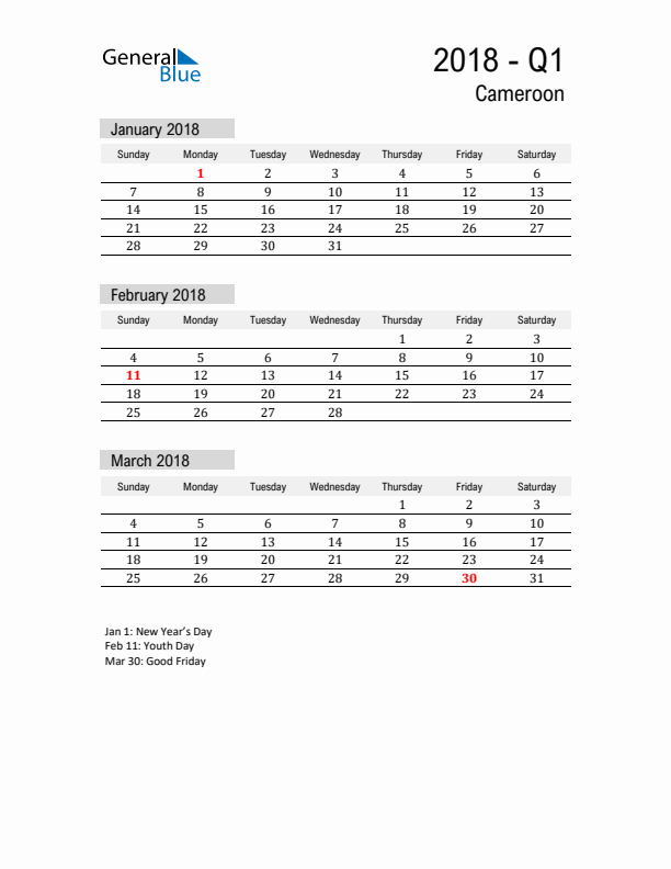 Cameroon Quarter 1 2018 Calendar with Holidays