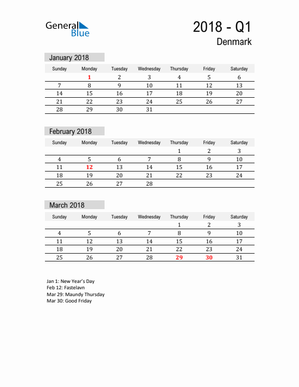 Denmark Quarter 1 2018 Calendar with Holidays