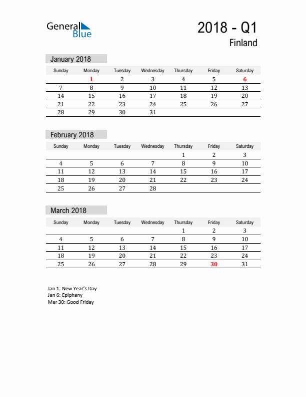 Finland Quarter 1 2018 Calendar with Holidays