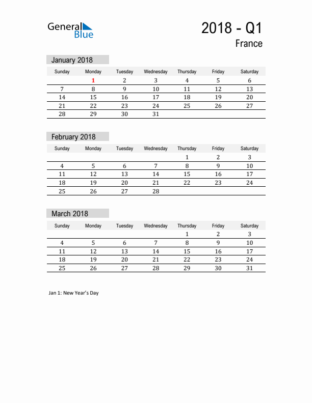 France Quarter 1 2018 Calendar with Holidays