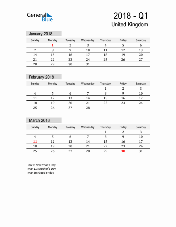 United Kingdom Quarter 1 2018 Calendar with Holidays