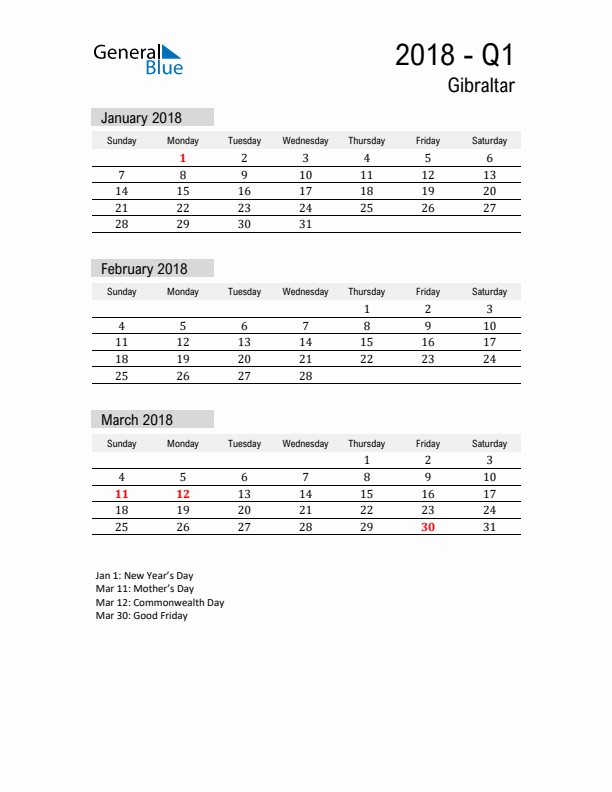 Gibraltar Quarter 1 2018 Calendar with Holidays