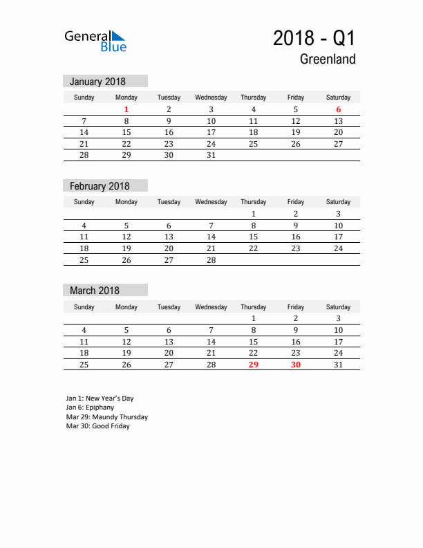 Greenland Quarter 1 2018 Calendar with Holidays