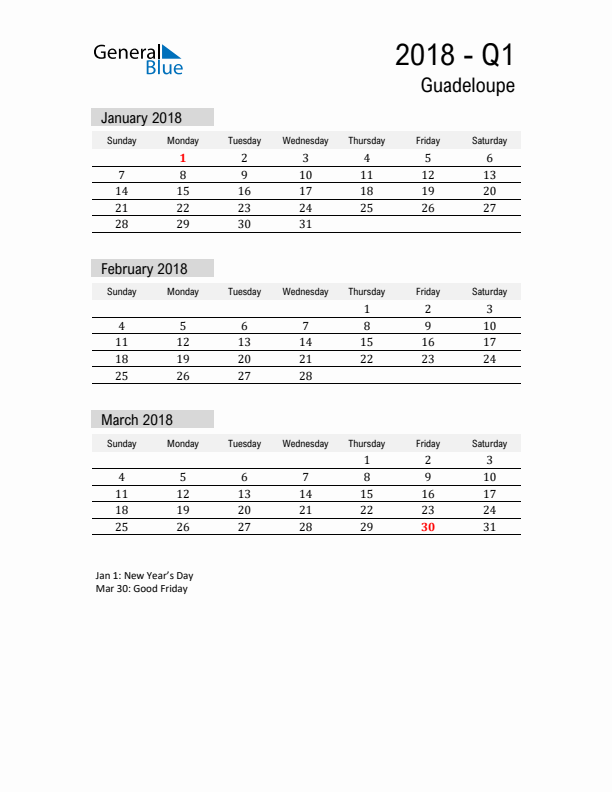 Guadeloupe Quarter 1 2018 Calendar with Holidays